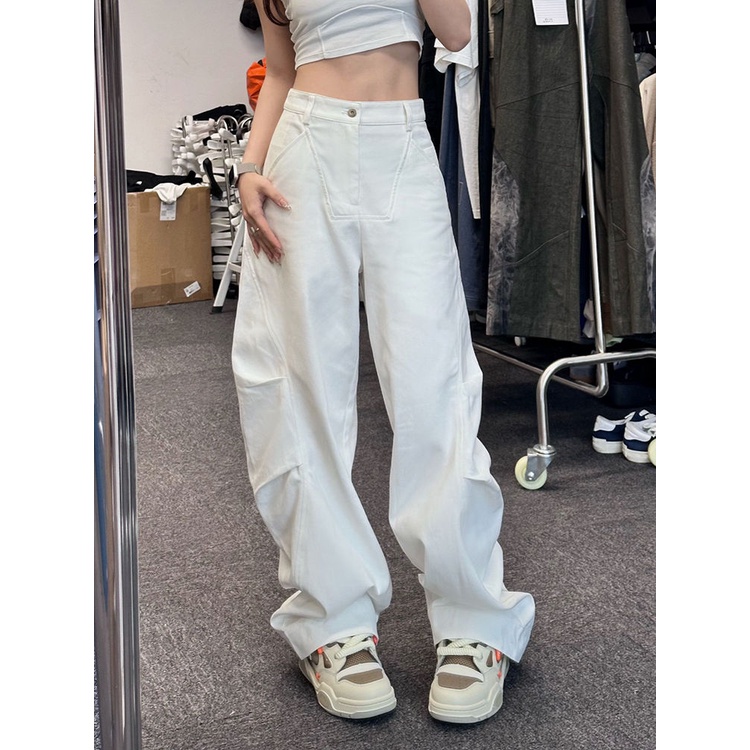 Jiashucheng Quần Jean Trắng Lưng Cao Ống Rộng Phong Cách Retro Mỹ Mùa Hè Dễ Phối Đồ Cho Nữ