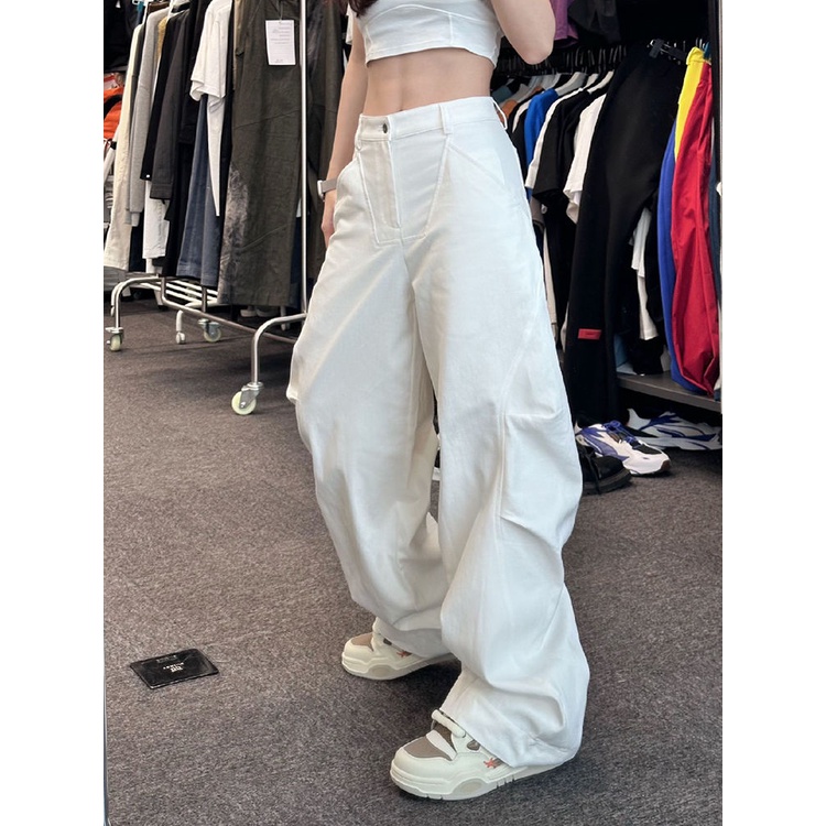 Jiashucheng Quần Jean Trắng Lưng Cao Ống Rộng Phong Cách Retro Mỹ Mùa Hè Dễ Phối Đồ Cho Nữ