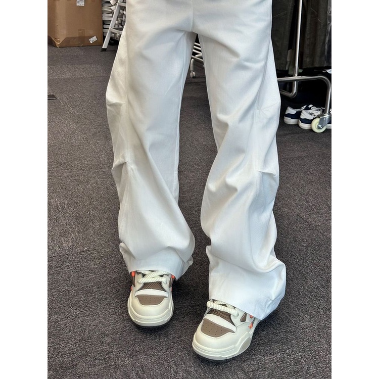 Jiashucheng Quần Jean Trắng Lưng Cao Ống Rộng Phong Cách Retro Mỹ Mùa Hè Dễ Phối Đồ Cho Nữ