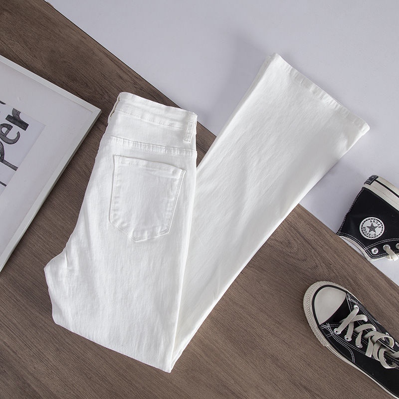 Jiashucheng Quần Denim Ống Loe Dài Ngang Mắt Cá Chân Eo Cao Màu Trắng Phong Cách Mới Mùa Xuân Hè Cho Nữ