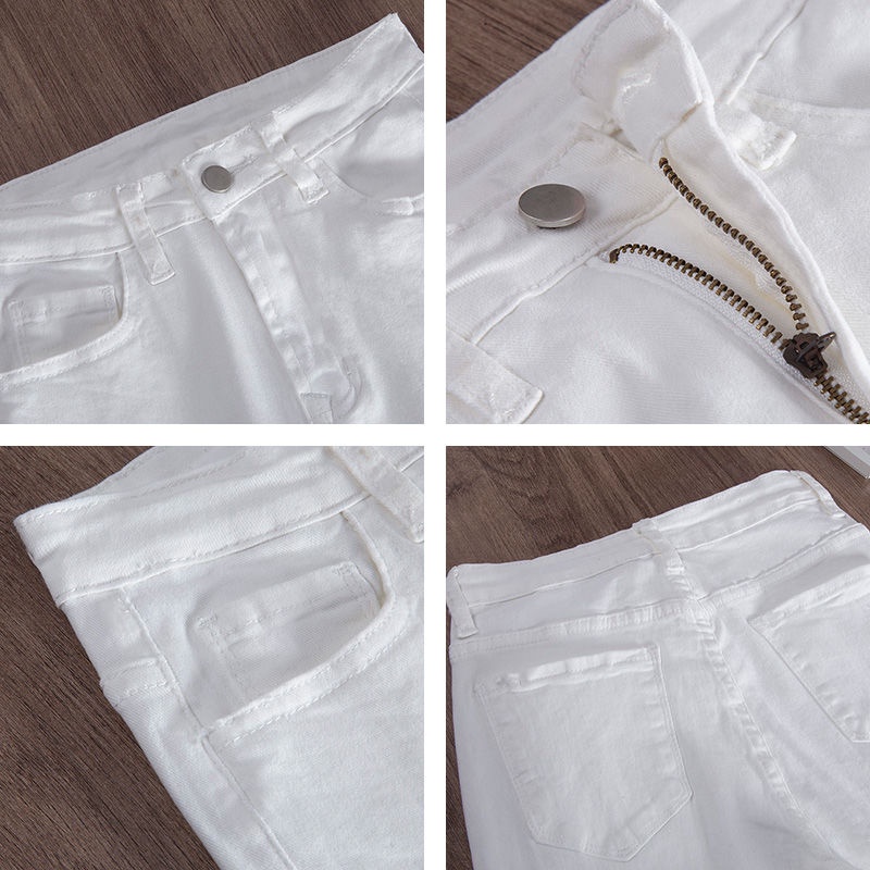 Jiashucheng Quần Denim Ống Loe Dài Ngang Mắt Cá Chân Eo Cao Màu Trắng Phong Cách Mới Mùa Xuân Hè Cho Nữ