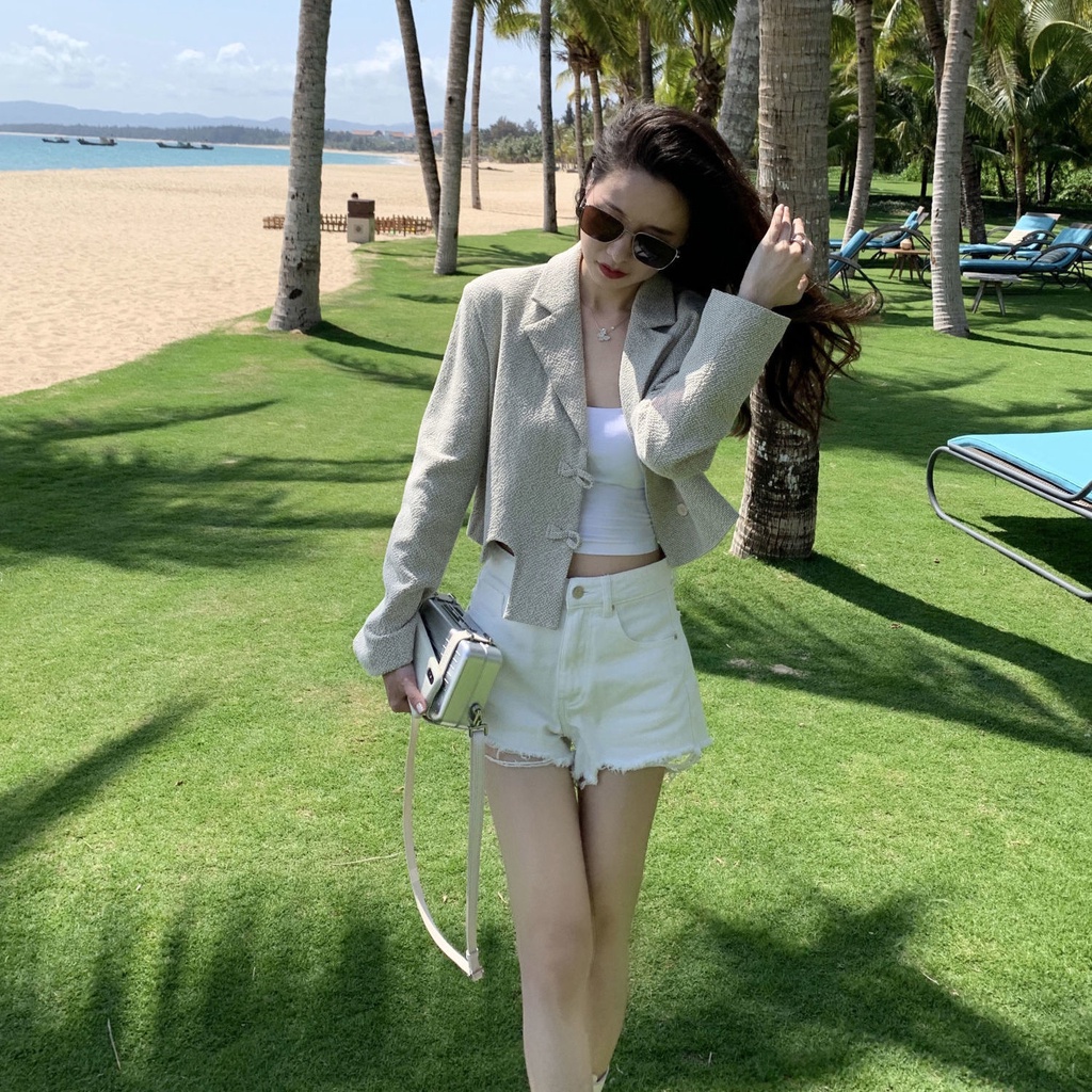 Jiashucheng Quần Short Denim Chữ a Rách Dáng Ôm Mùa Xuân Mới Dễ Phối Đồ Cho Nữ