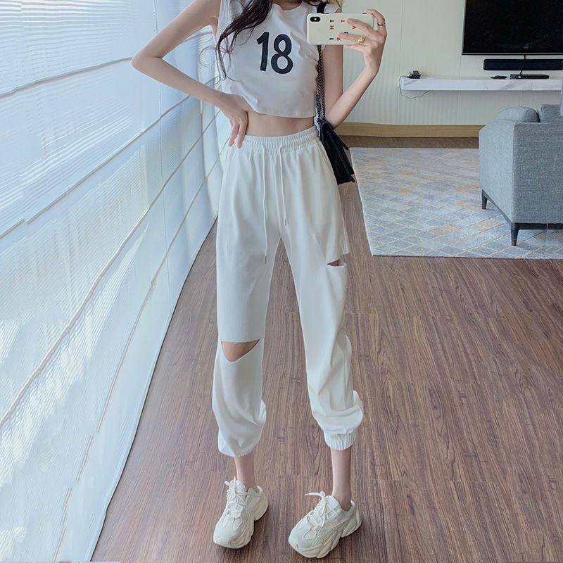 Jiashucheng Quần Thể Thao Lưng Cao Dáng Rộng Rách Lỗ Nhỏ Màu Trắng Thời Trang Xuân Hè Cho Nữ
