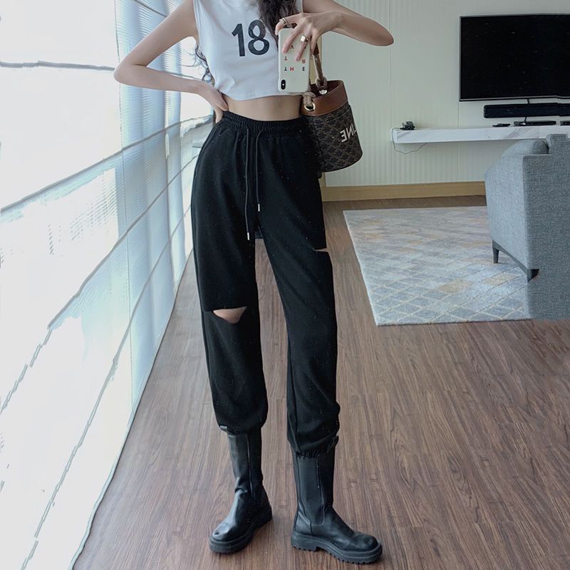 Jiashucheng Quần Thể Thao Lưng Cao Dáng Rộng Rách Lỗ Nhỏ Màu Trắng Thời Trang Xuân Hè Cho Nữ