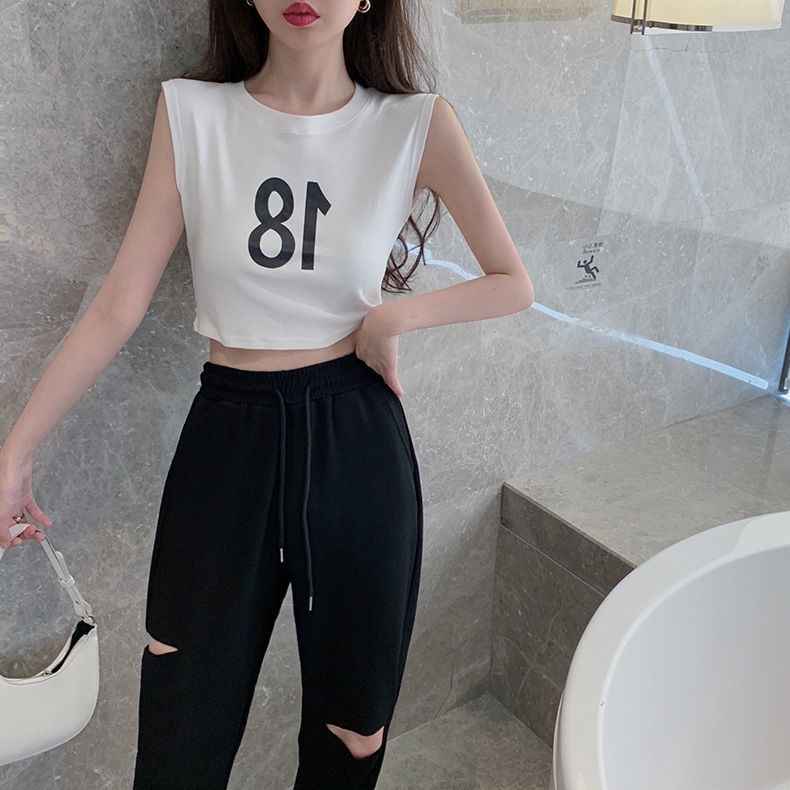 Jiashucheng Quần Thể Thao Lưng Cao Dáng Rộng Rách Lỗ Nhỏ Màu Trắng Thời Trang Xuân Hè Cho Nữ