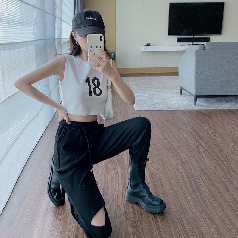 Jiashucheng Quần Thể Thao Lưng Cao Dáng Rộng Rách Lỗ Nhỏ Màu Trắng Thời Trang Xuân Hè Cho Nữ