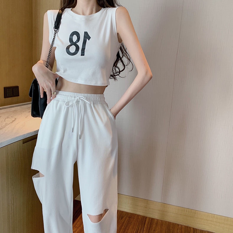 Jiashucheng Quần Thể Thao Lưng Cao Dáng Rộng Rách Lỗ Nhỏ Màu Trắng Thời Trang Xuân Hè Cho Nữ