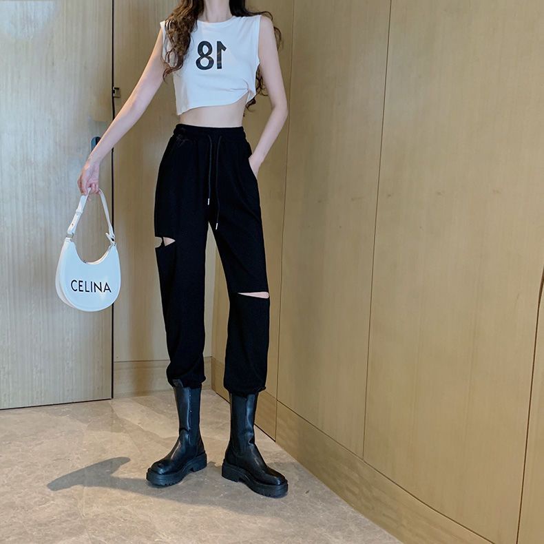 Jiashucheng Quần Thể Thao Lưng Cao Dáng Rộng Rách Lỗ Nhỏ Màu Trắng Thời Trang Xuân Hè Cho Nữ