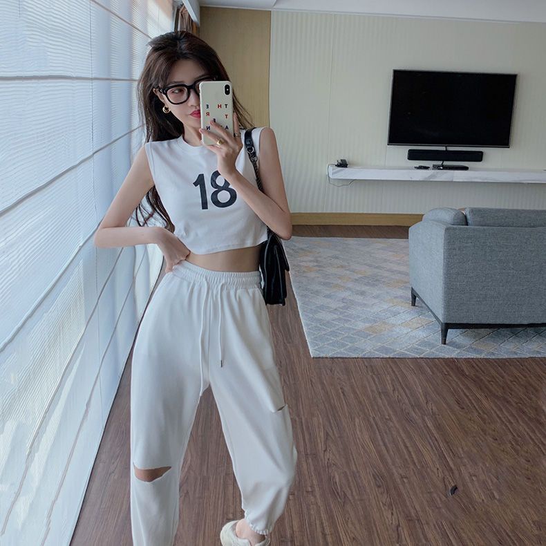 Jiashucheng Quần Thể Thao Lưng Cao Dáng Rộng Rách Lỗ Nhỏ Màu Trắng Thời Trang Xuân Hè Cho Nữ