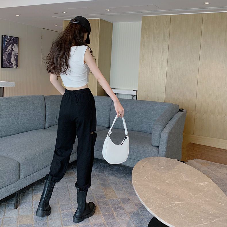 Jiashucheng Quần Thể Thao Lưng Cao Dáng Rộng Rách Lỗ Nhỏ Màu Trắng Thời Trang Xuân Hè Cho Nữ