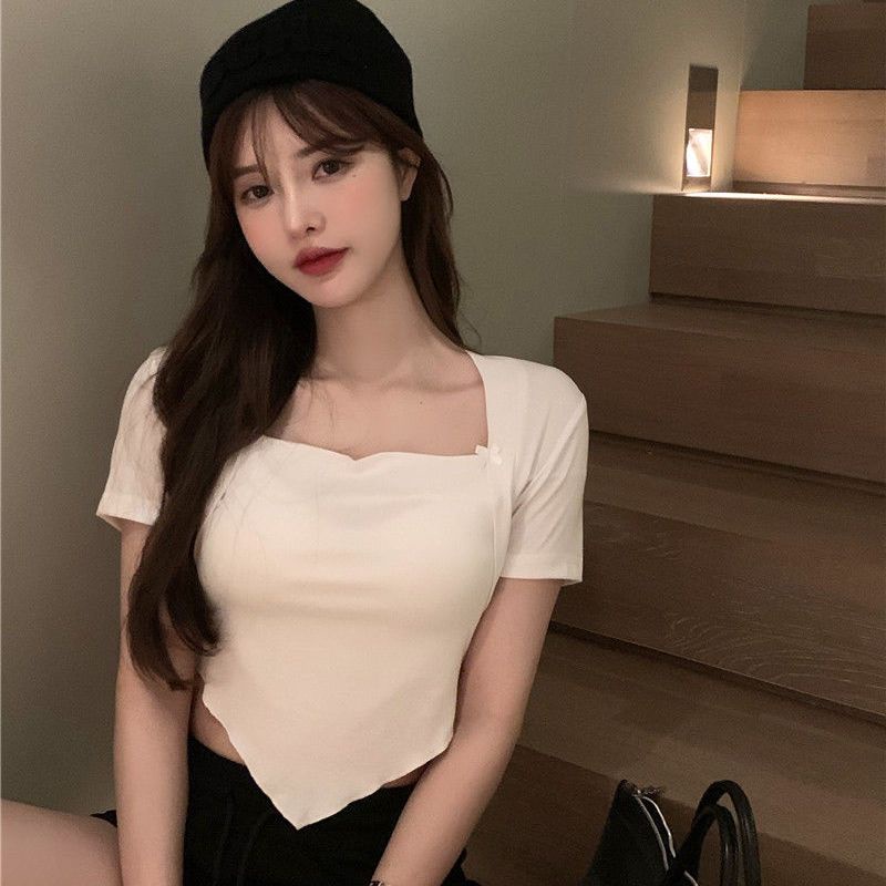 Jiashucheng Áo Thun Ngắn Tay Cổ Vuông Dáng Ôm Thời Trang Mùa Hè Dành Cho Nữ