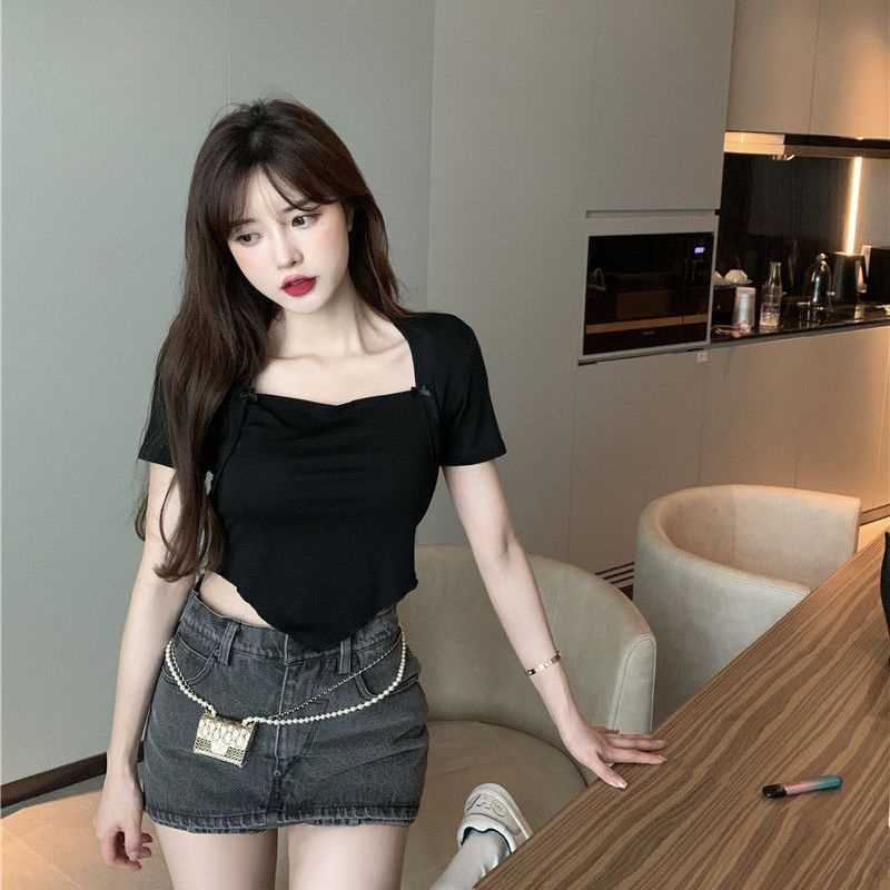 Jiashucheng Áo Thun Ngắn Tay Cổ Vuông Dáng Ôm Thời Trang Mùa Hè Dành Cho Nữ