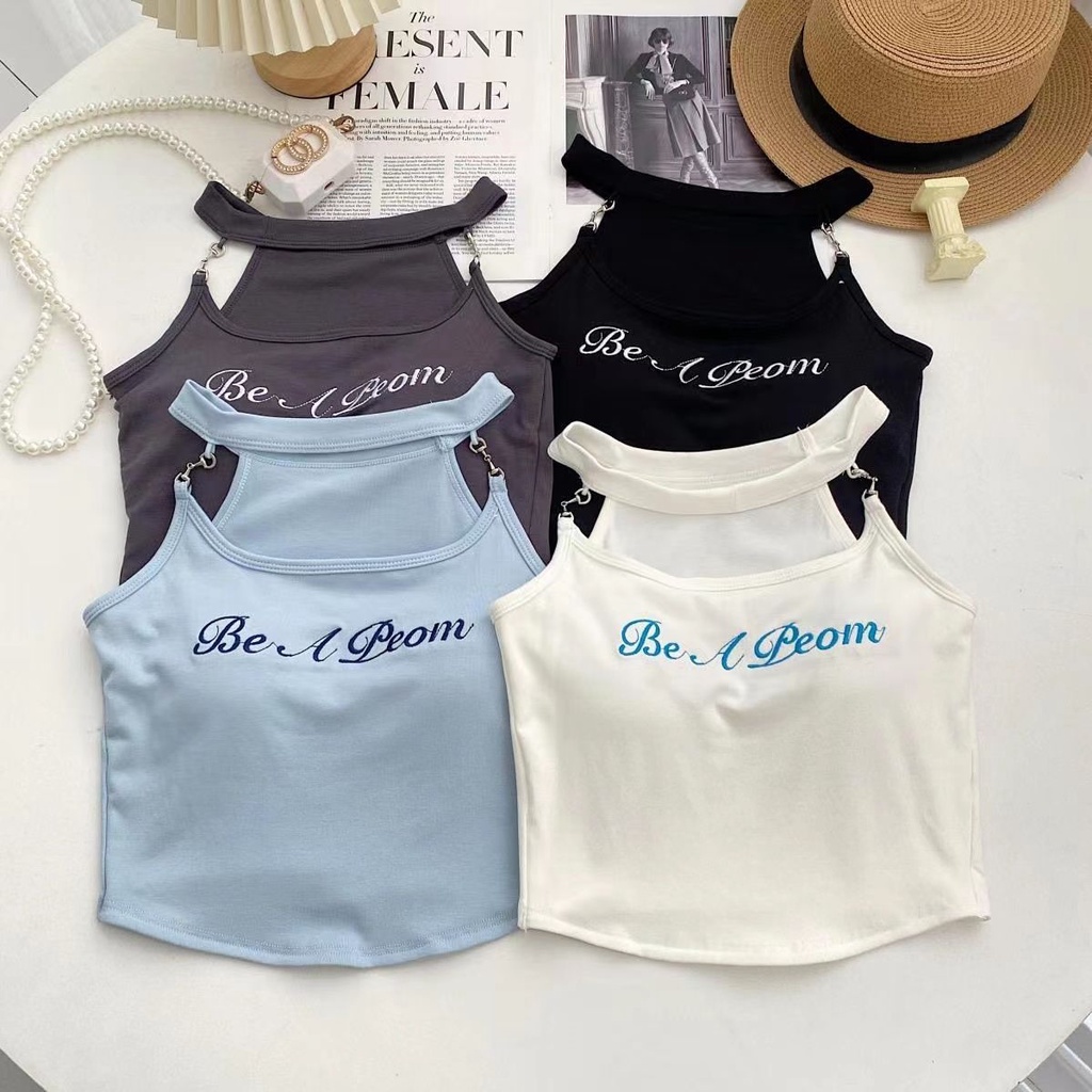 Jiashucheng Áo Hai Dây Cổ Yếm Thêu Chữ Có Đệm Ngực Ôm Dáng Vừa Vặn Độc Đáo Cho Nữ