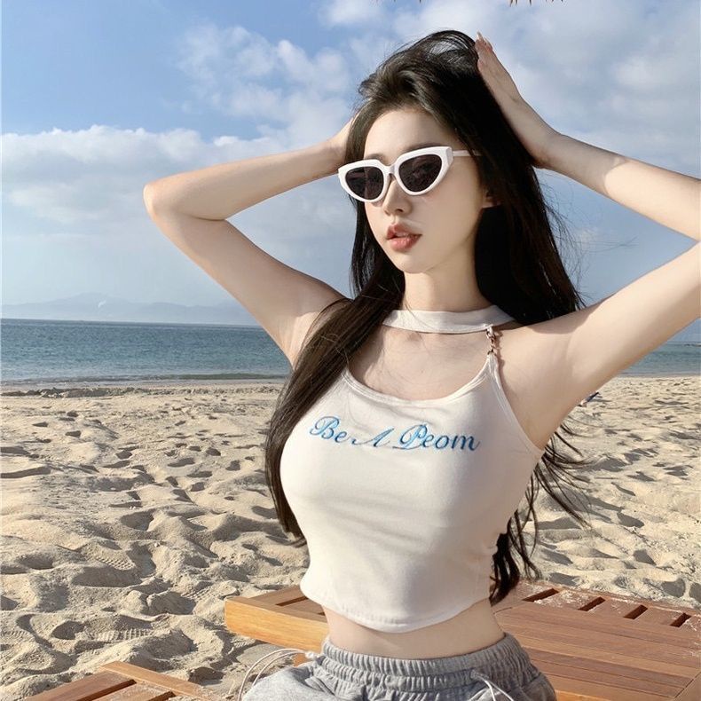 Jiashucheng Áo Hai Dây Cổ Yếm Thêu Chữ Có Đệm Ngực Ôm Dáng Vừa Vặn Độc Đáo Cho Nữ