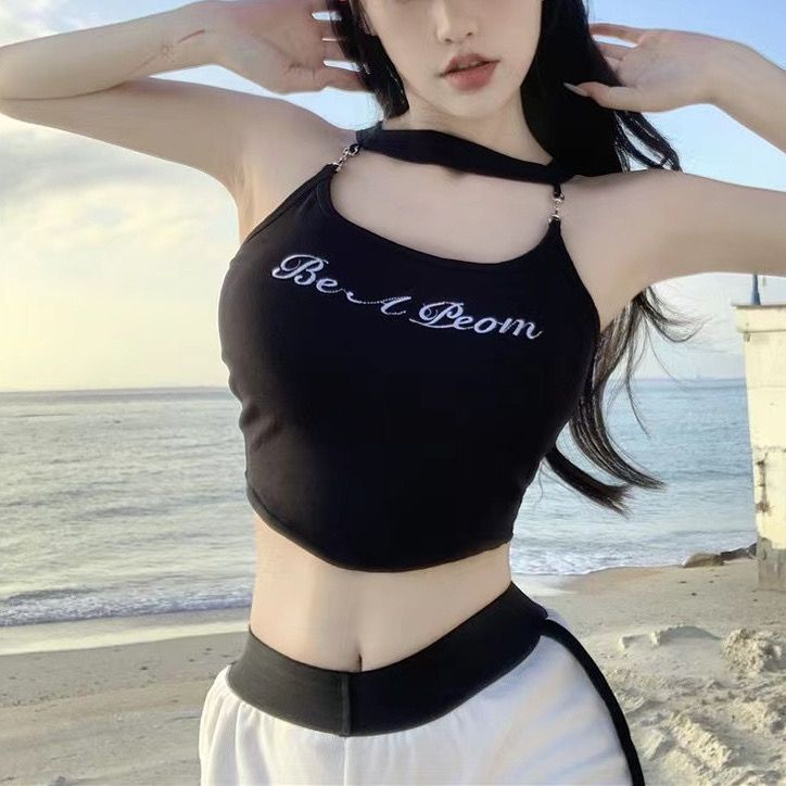 Jiashucheng Áo Hai Dây Cổ Yếm Thêu Chữ Có Đệm Ngực Ôm Dáng Vừa Vặn Độc Đáo Cho Nữ
