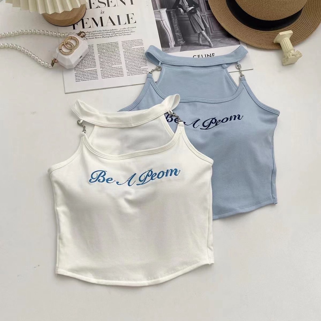 Jiashucheng Áo Hai Dây Cổ Yếm Thêu Chữ Có Đệm Ngực Ôm Dáng Vừa Vặn Độc Đáo Cho Nữ