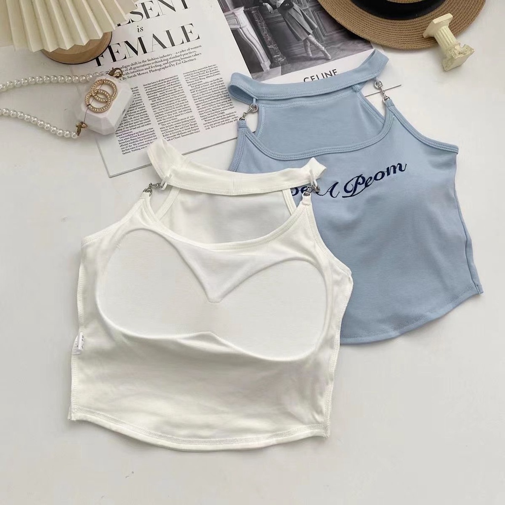 Jiashucheng Áo Hai Dây Cổ Yếm Thêu Chữ Có Đệm Ngực Ôm Dáng Vừa Vặn Độc Đáo Cho Nữ