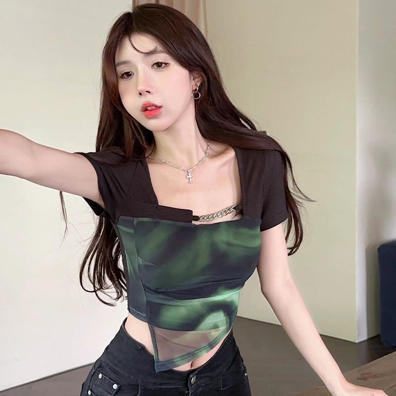 Jiashucheng Áo Thun Ngắn Cổ Vuông Đường Viền Trang Trí Mùa Hè Sang Trọng Phong Cách Chic Cho Nữ