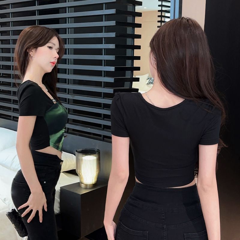 Jiashucheng Áo Thun Ngắn Cổ Vuông Đường Viền Trang Trí Mùa Hè Sang Trọng Phong Cách Chic Cho Nữ