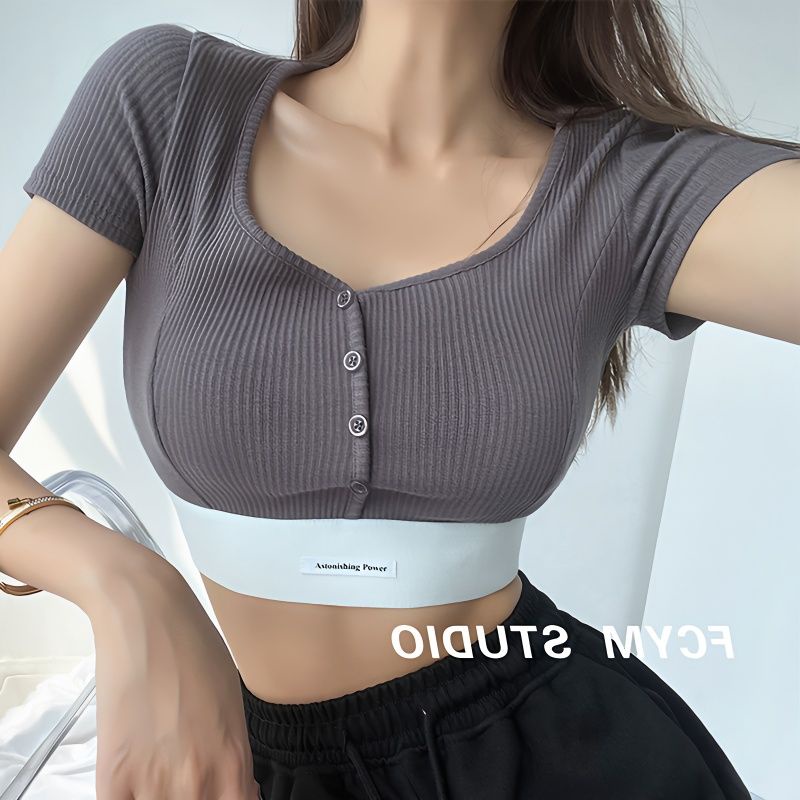 Jiashucheng Niche Áo Thun Ngắn Cổ Vuông Hở Rốn Màu Trơn Trang Trọng Phong Cách Pháp