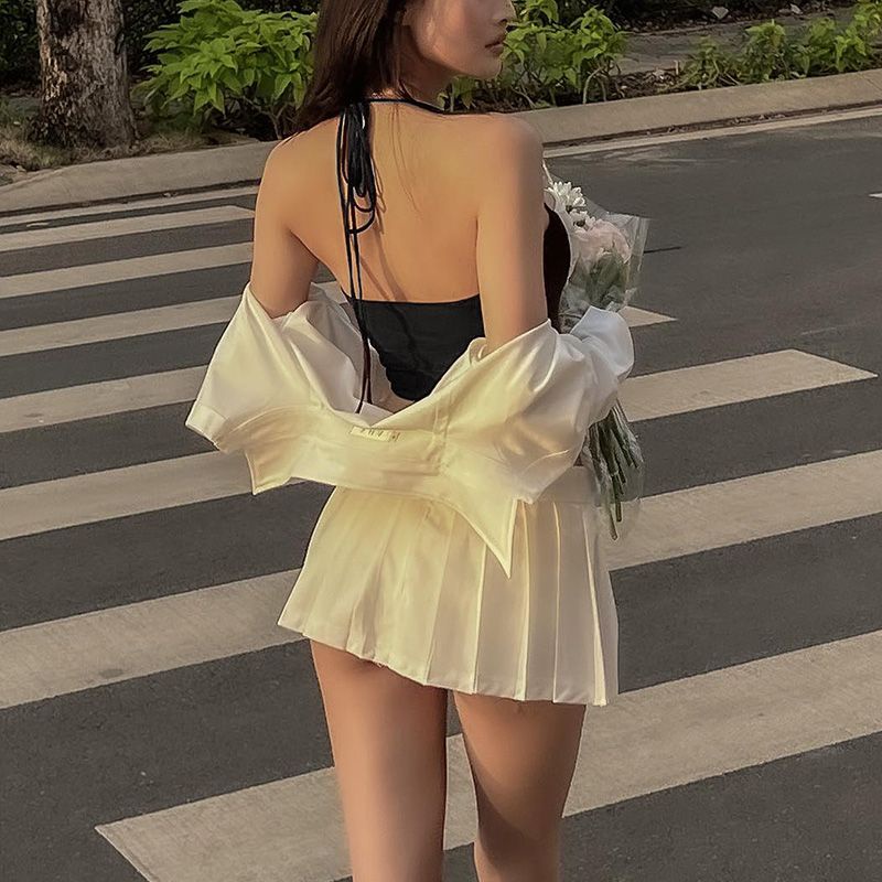 Jiashucheng Áo Hai Dây Dáng Ngắn Phối Màu Sắc Tương Phản Phong Cách Âu Mỹ Quyến Rũ Cho Nữ