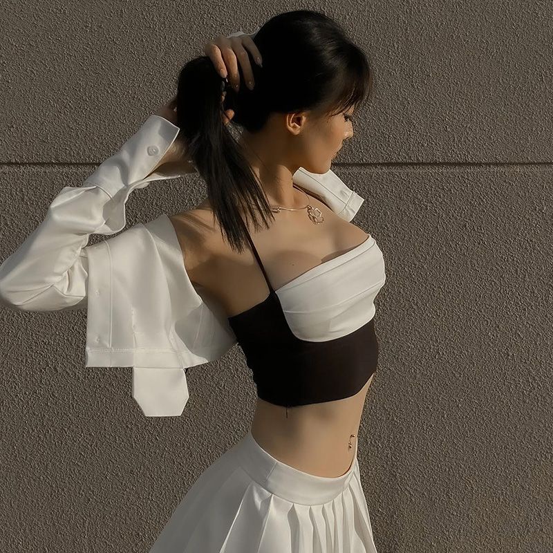 Jiashucheng Áo Hai Dây Dáng Ngắn Phối Màu Sắc Tương Phản Phong Cách Âu Mỹ Quyến Rũ Cho Nữ