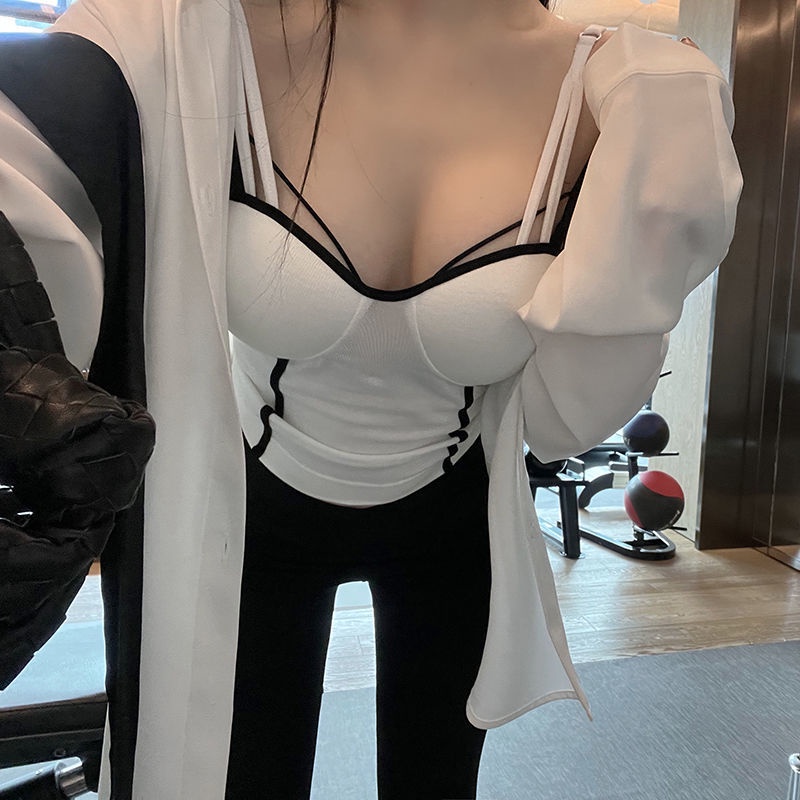 Jiashucheng Áo Hai Dây Màu Trắng Có Đệm Ngực Phong Cách Mới Quyến Rũ Ôm Eo Hẹp Lưng Đẹp Dành Cho Bạn Nữ Mặc Ngoài Trời