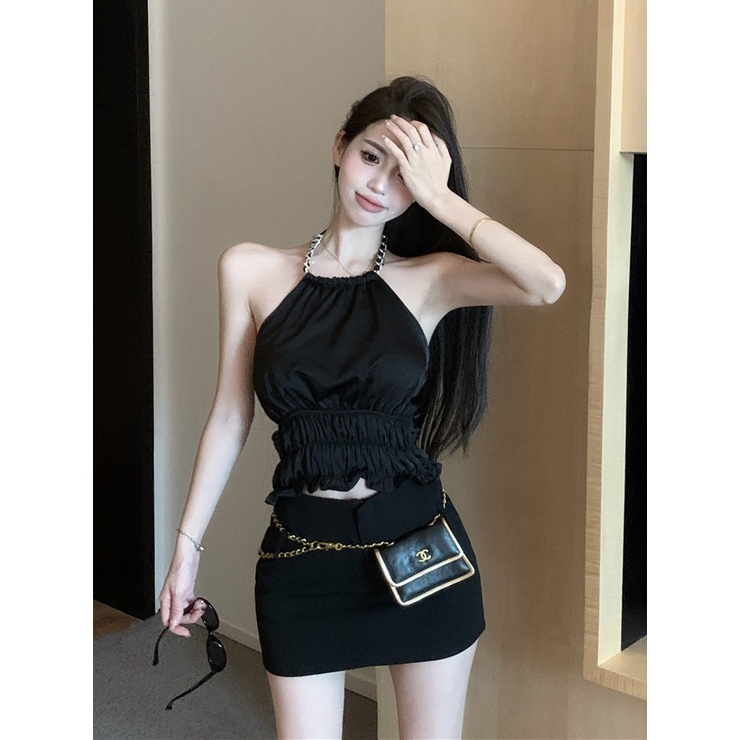 Jiashucheng Áo Hai Dây Cổ Yếm Cao Cấp Gợi Cảm Mùa Hè Cho Nữ Niche