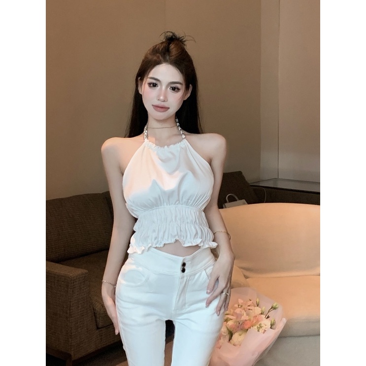 Jiashucheng Áo Hai Dây Cổ Yếm Cao Cấp Gợi Cảm Mùa Hè Cho Nữ Niche