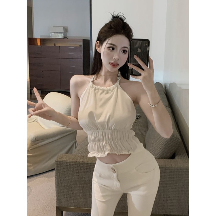Jiashucheng Áo Hai Dây Cổ Yếm Cao Cấp Gợi Cảm Mùa Hè Cho Nữ Niche