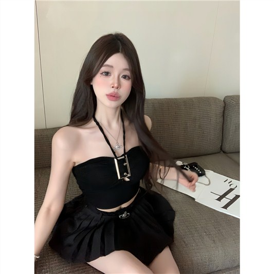 Jiashucheng Áo Hai Dây Mùa Hè Dáng Ngắn Màu Đen Gợi Cảm Cho Nữ