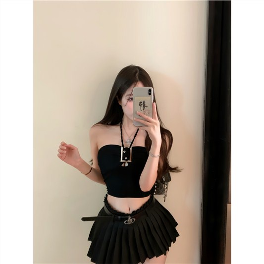 Jiashucheng Áo Hai Dây Mùa Hè Dáng Ngắn Màu Đen Gợi Cảm Cho Nữ
