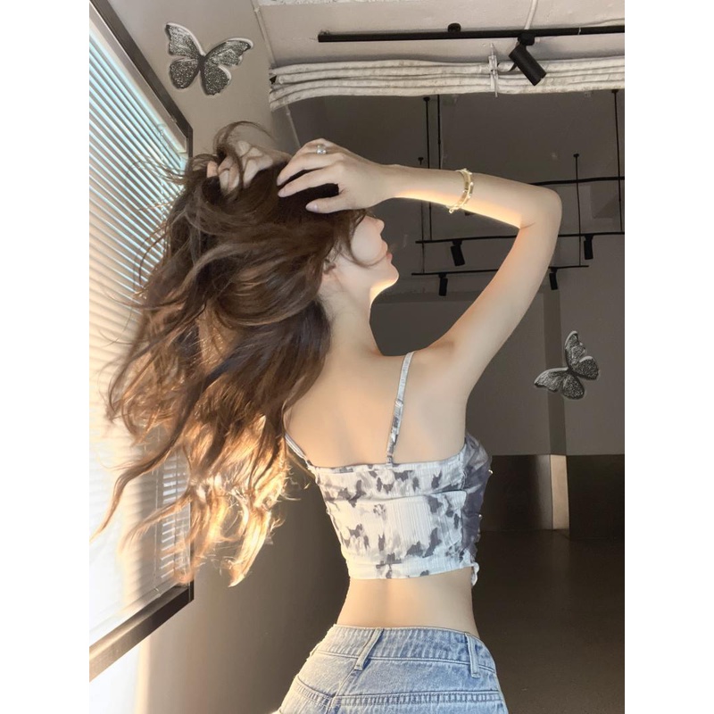 Jiashucheng Áo Hai Dây Dáng Ôm Hở Rốn Phong Cách Hàn Quốc