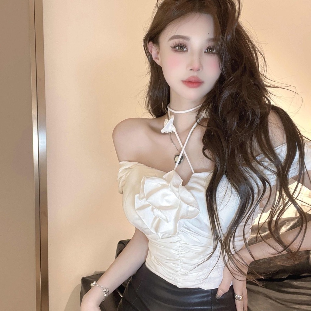 Jiashucheng Áo Kiểu Ngắn Hai Dây Mỏng Vừa Vặn Màu Đen Phong Cách Pháp Thời Trang Mùa Hè Cao Cấp Cho Nữ