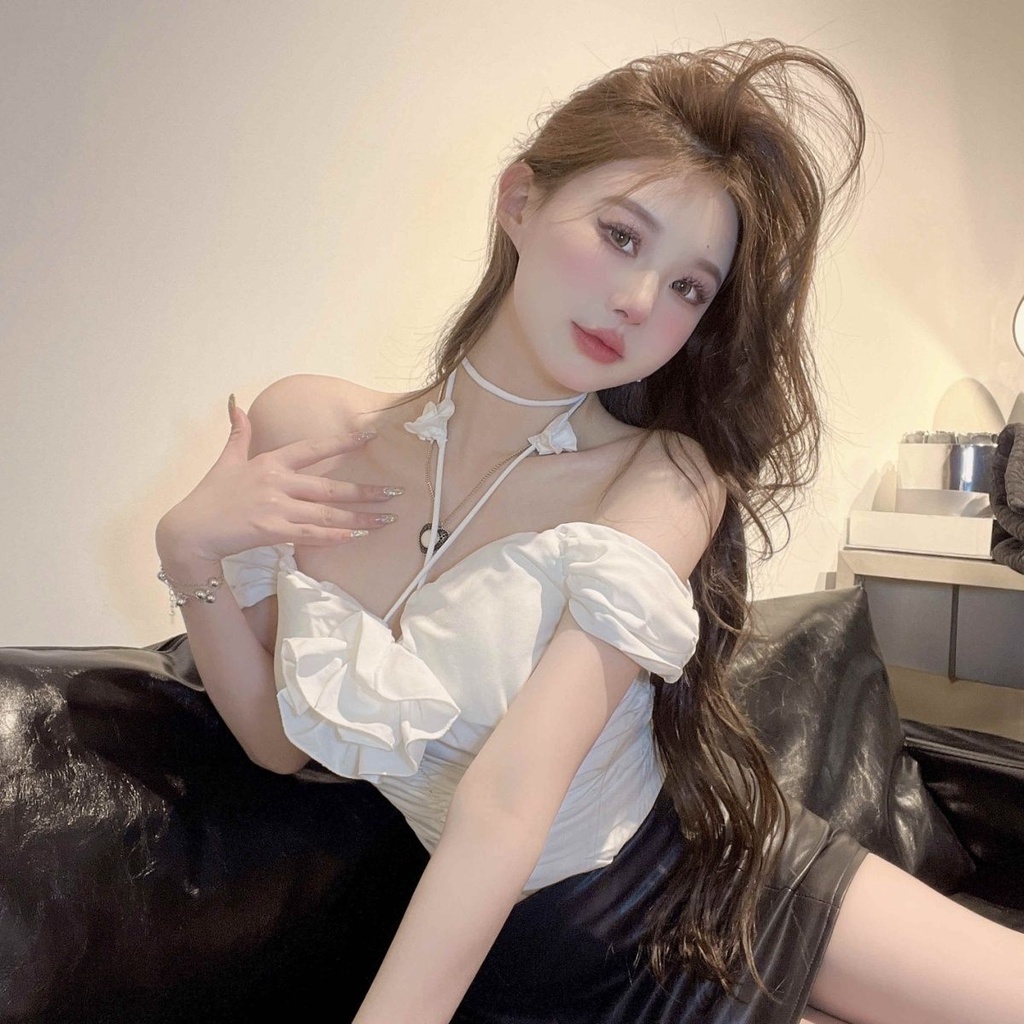 Jiashucheng Áo Kiểu Ngắn Hai Dây Mỏng Vừa Vặn Màu Đen Phong Cách Pháp Thời Trang Mùa Hè Cao Cấp Cho Nữ