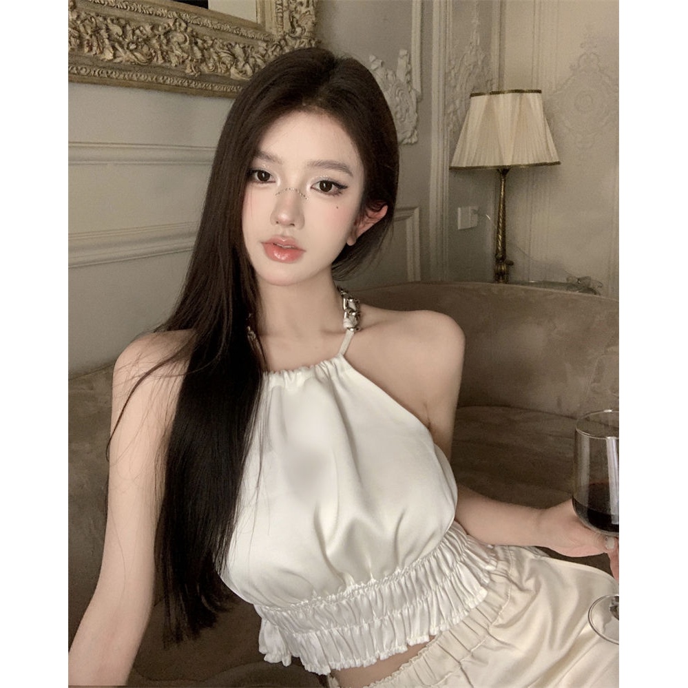 Jiashucheng Yujie Fan Yuguang Áo Dây Xích Đeo Cổ Bằng Satin Phong Cách Mới Mùa Hè Quyến Rũ Nóng Bỏng Dành Cho Nữ