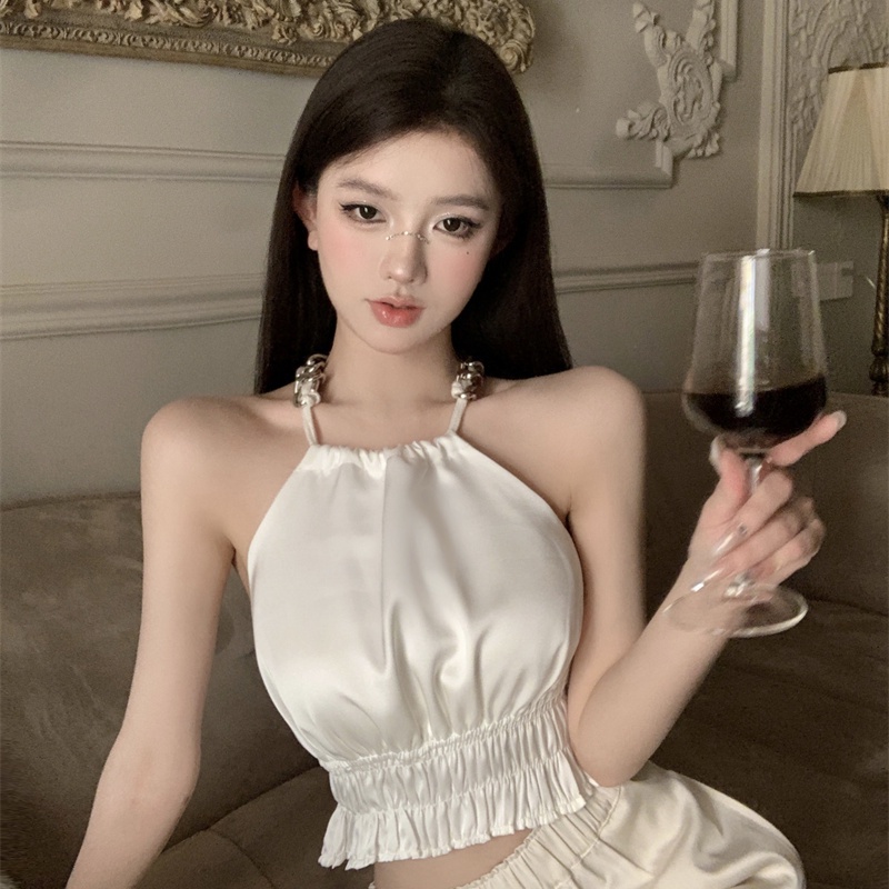 Jiashucheng Yujie Fan Yuguang Áo Dây Xích Đeo Cổ Bằng Satin Phong Cách Mới Mùa Hè Quyến Rũ Nóng Bỏng Dành Cho Nữ