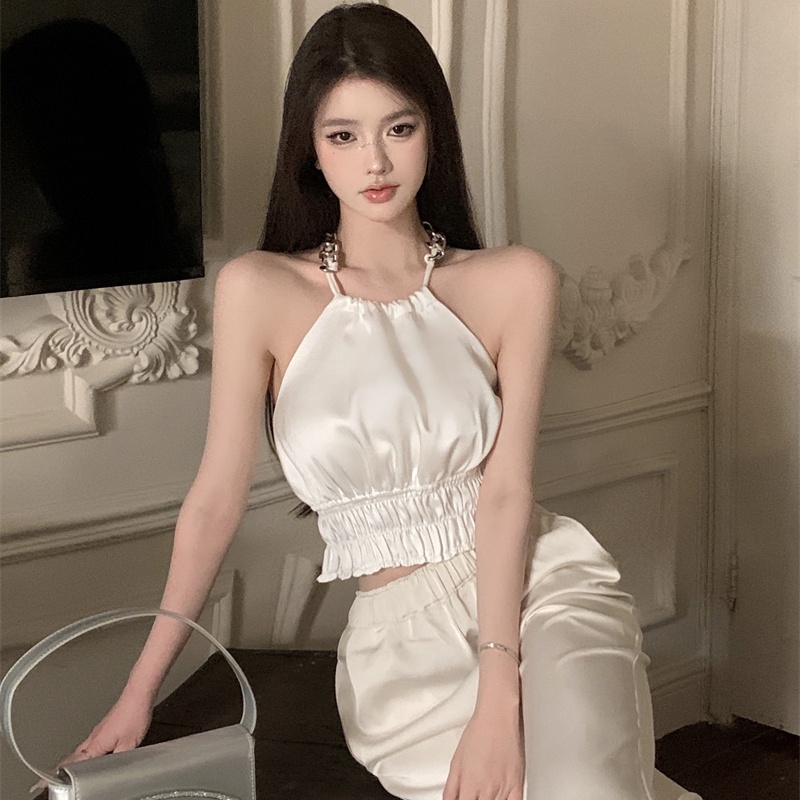 Jiashucheng Yujie Fan Yuguang Áo Dây Xích Đeo Cổ Bằng Satin Phong Cách Mới Mùa Hè Quyến Rũ Nóng Bỏng Dành Cho Nữ