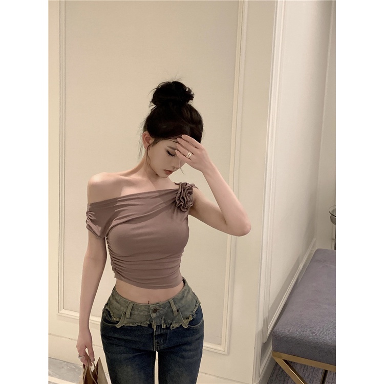 Jiashucheng Áo Thun Ngắn Tay Trễ Vai Gợi Cảm Cho Nữ
