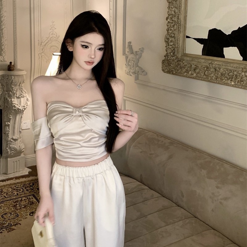 Jiashucheng Áo Thun Tay Ngắn Lệch Vai Thắt Nơ Màu Trơn Mùa Hè Phong Cách Mới Cho Nữ