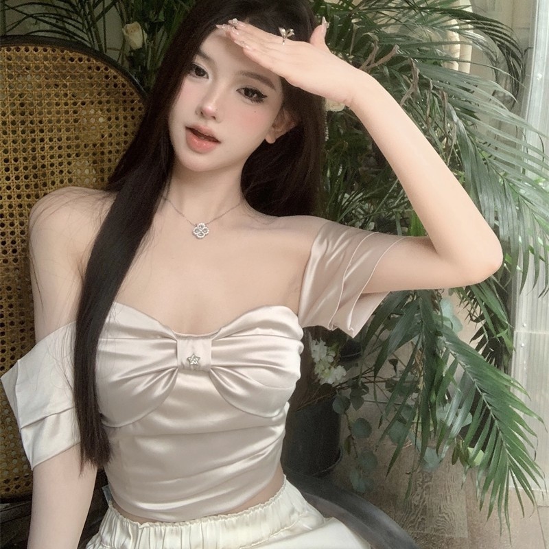 Jiashucheng Áo Thun Tay Ngắn Lệch Vai Thắt Nơ Màu Trơn Mùa Hè Phong Cách Mới Cho Nữ