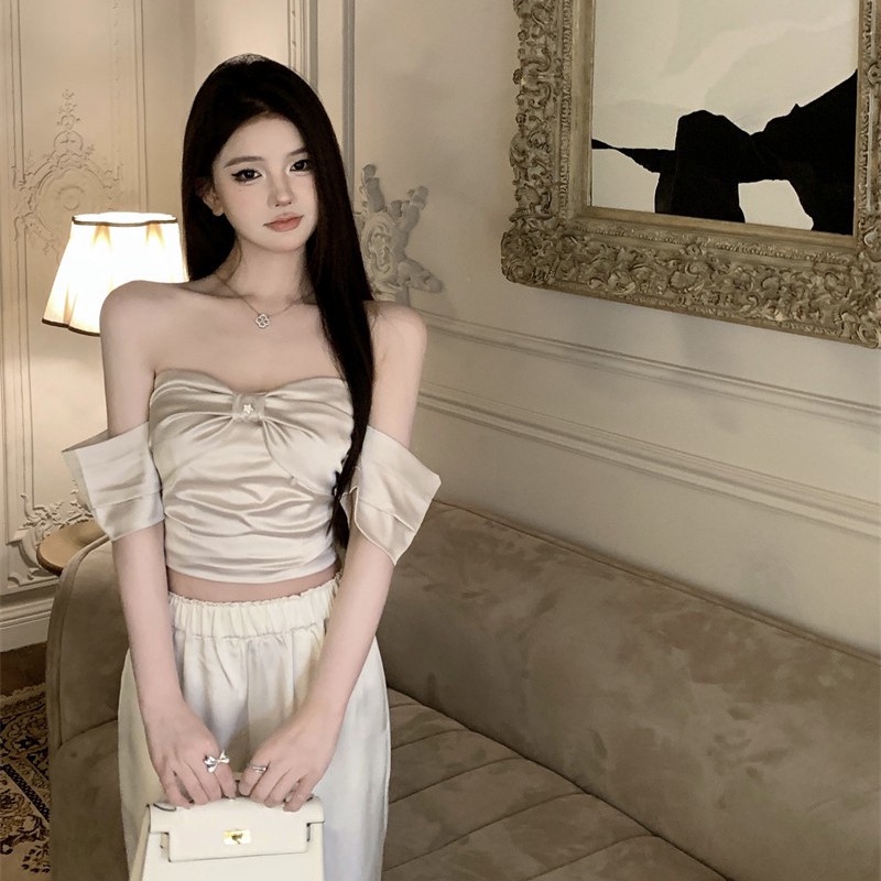 Jiashucheng Áo Thun Tay Ngắn Lệch Vai Thắt Nơ Màu Trơn Mùa Hè Phong Cách Mới Cho Nữ