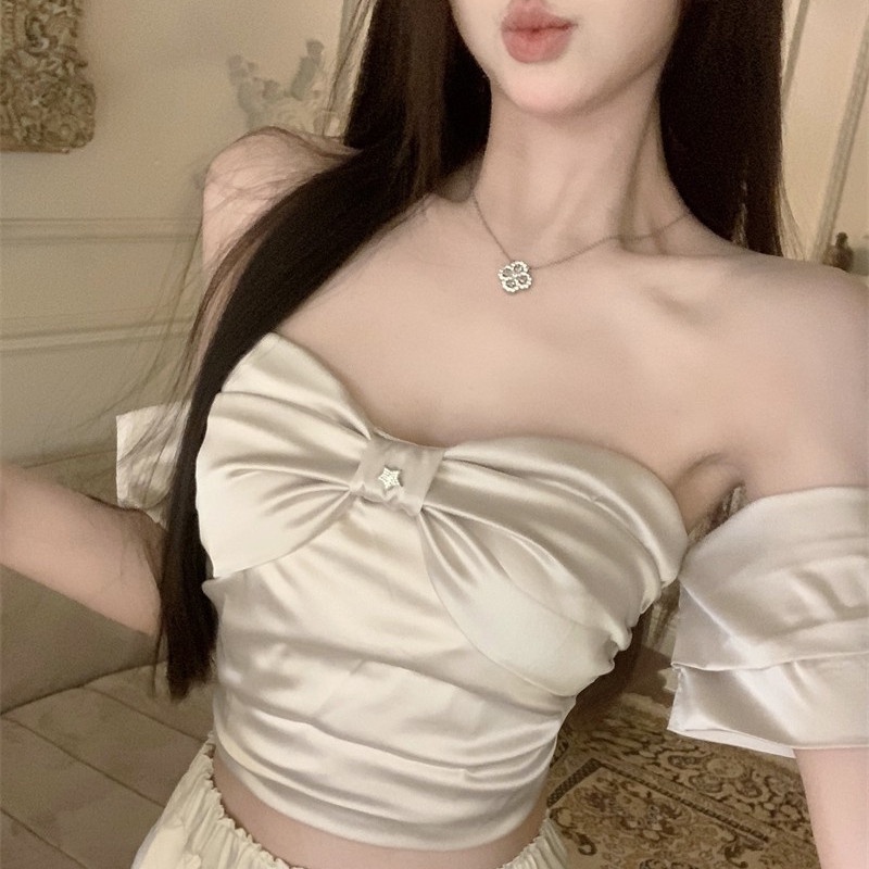 Jiashucheng Áo Thun Tay Ngắn Lệch Vai Thắt Nơ Màu Trơn Mùa Hè Phong Cách Mới Cho Nữ