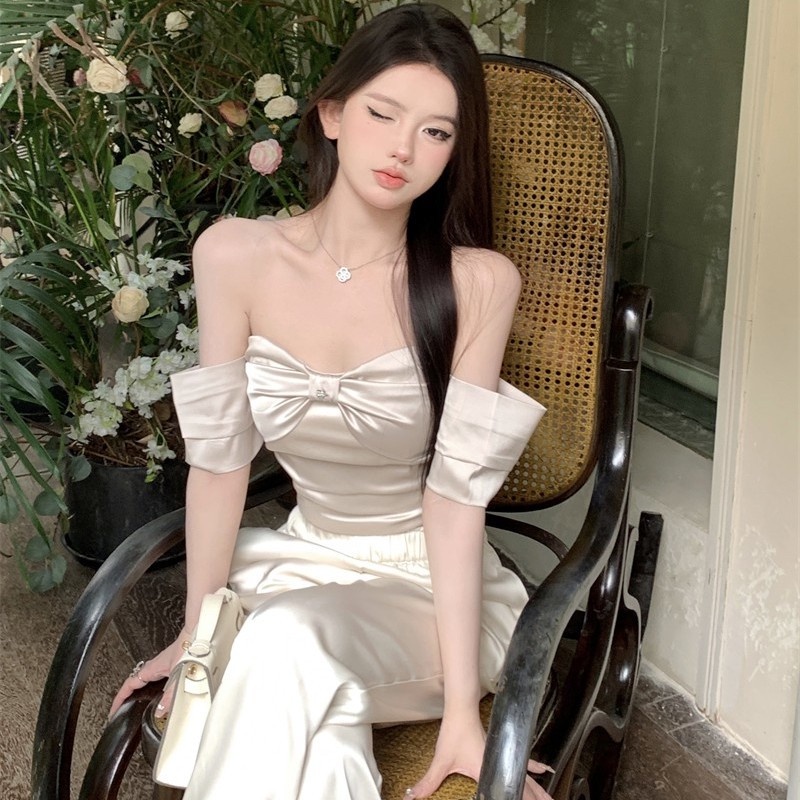 Jiashucheng Áo Thun Tay Ngắn Lệch Vai Thắt Nơ Màu Trơn Mùa Hè Phong Cách Mới Cho Nữ