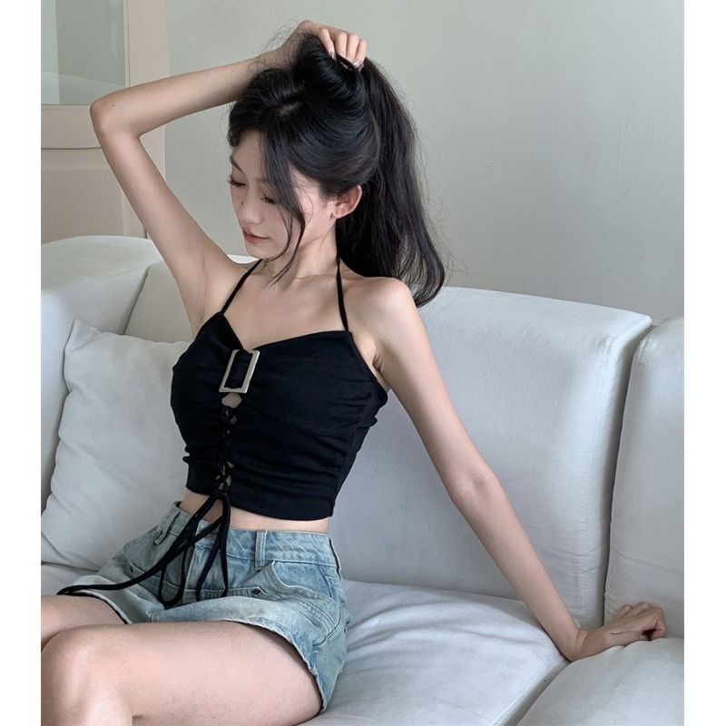 Jiashucheng Áo Hai Dây Rút Dây Màu Đen Dáng Ôm Thời Trang Mùa Hè Quyến Rũ Cho Nữ