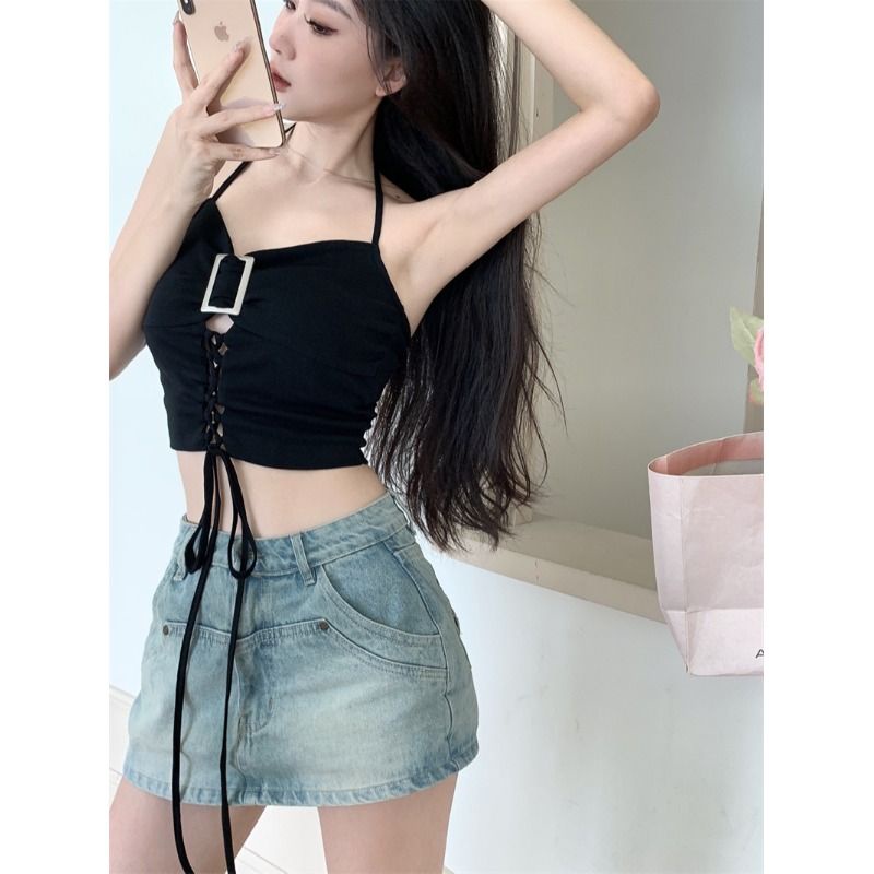 Jiashucheng Áo Hai Dây Rút Dây Màu Đen Dáng Ôm Thời Trang Mùa Hè Quyến Rũ Cho Nữ