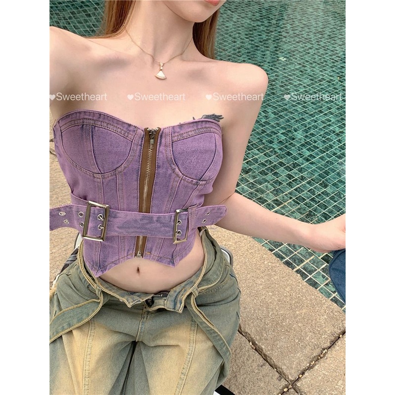 Jiashucheng Áo Denim Sát Nách Quấn Ngực Màu Tím Phong Cách Retro Mùa Hè Gợi Cảm Cho Nữ