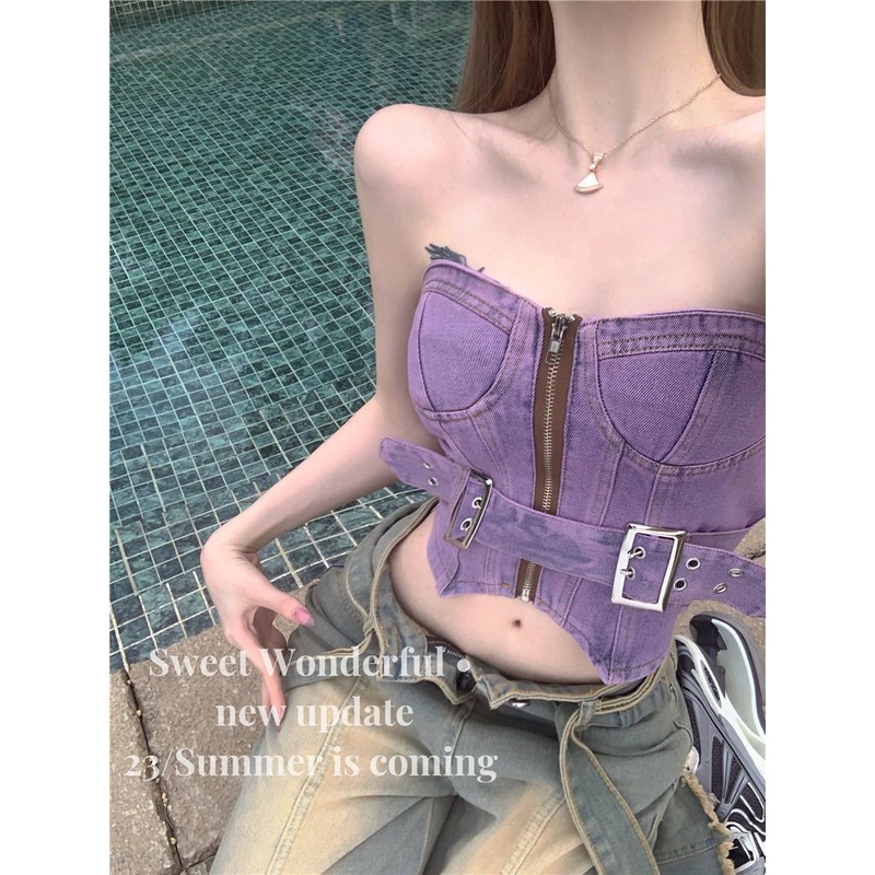 Jiashucheng Áo Denim Sát Nách Quấn Ngực Màu Tím Phong Cách Retro Mùa Hè Gợi Cảm Cho Nữ