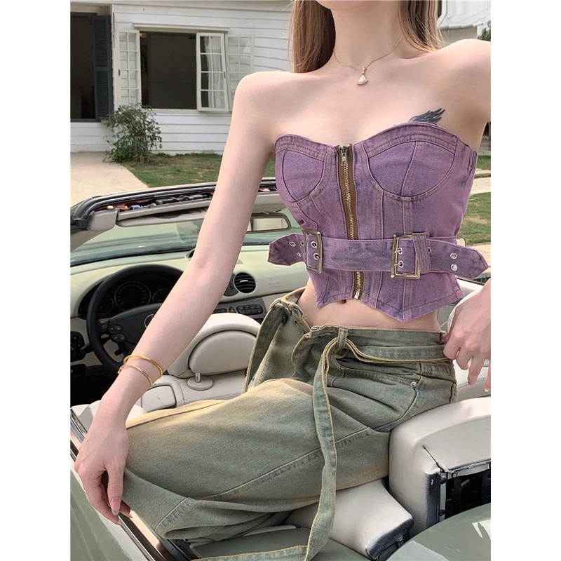 Jiashucheng Áo Denim Sát Nách Quấn Ngực Màu Tím Phong Cách Retro Mùa Hè Gợi Cảm Cho Nữ