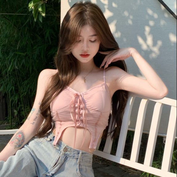 Jiashucheng Áo Hai Dây Ngắn Buộc Dây Màu Hồng Ngọt Ngào Cao Cấp Quyến Rũ